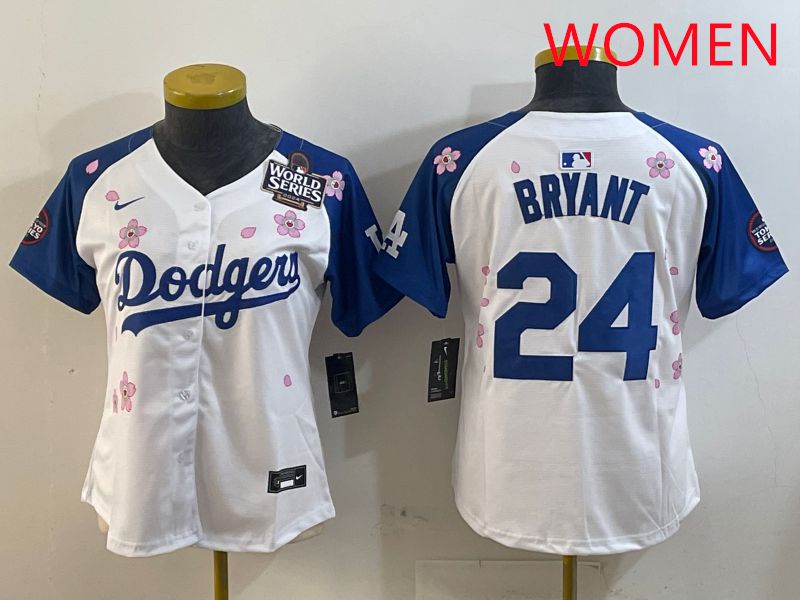 Women Los Angeles Dodgers #24 Bryant White Blue Sakura Edition 2025 Nike MLB Jersey style 3